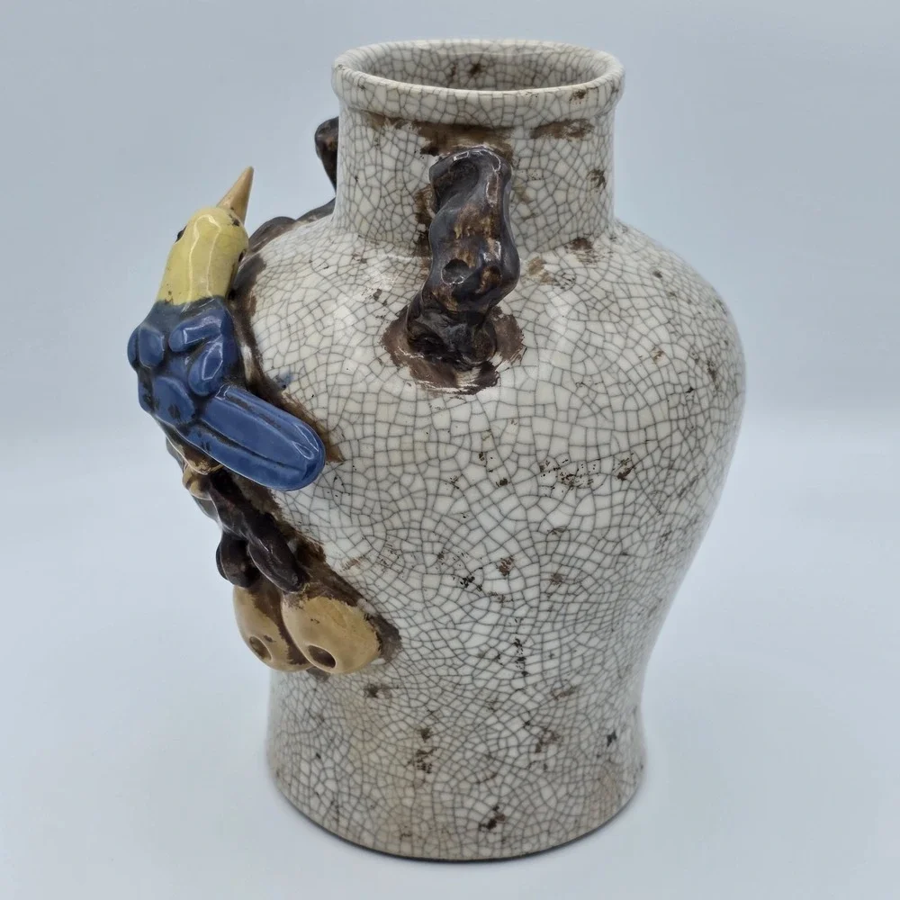 Antique French Barbotine Craquelure Ceramic‎ Vase Bird Olive Branch 19th-20th C